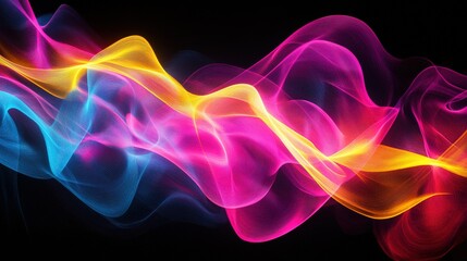 Obraz premium An abstract blend of neon waves in pink, yellow, and blue, interweaving like a vibrant digital tapestry on a black backdrop.