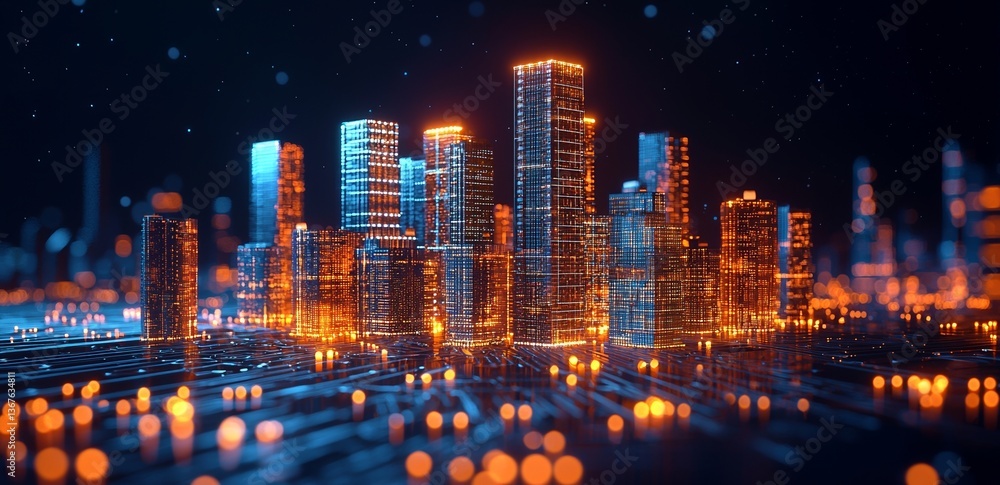 Poster a futuristic digital electricity grid diagram design features glowing skyscraper-like structures and