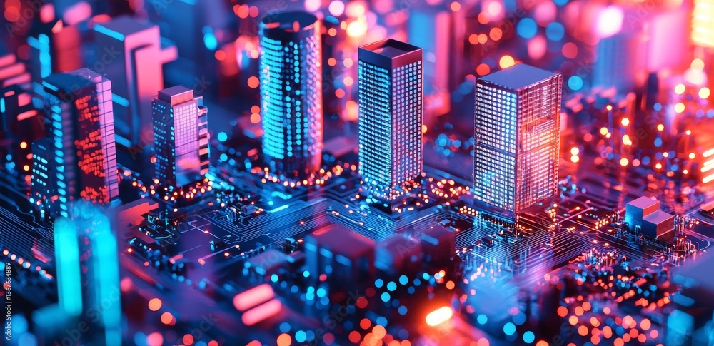 Poster glowing skyscraper-like structures and data lines are key components of a futuristic digital electri