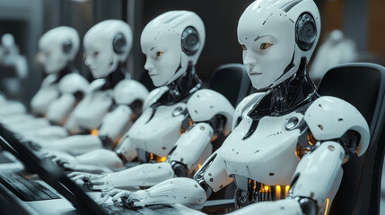 Automation worker concept with 3d rendering group of female cyborgs working in office 