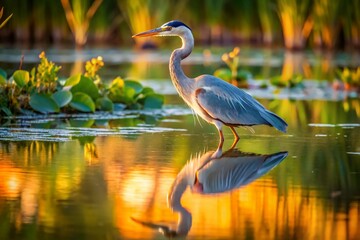 Naklejka premium Great Blue Heron Hunting in Michigan Pond - Drone Aerial Stock Photo