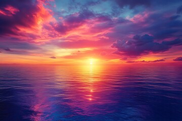 Obraz premium A dramatic sunset over a vast ocean, with the sky ablaze in vibrant colors