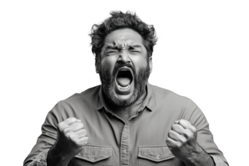 Ausdrucksstarker Mann beim Schreien mit geballten Fäusten PNG mit transparentem Hintergrund

