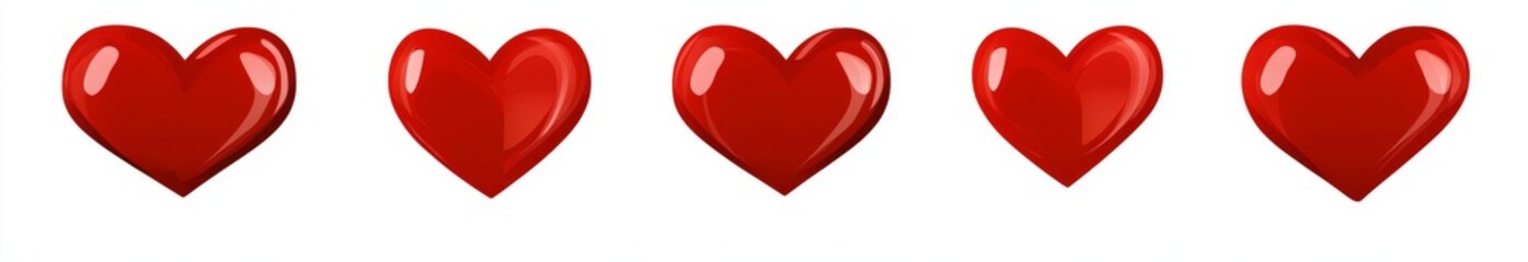 Five red hearts on white background