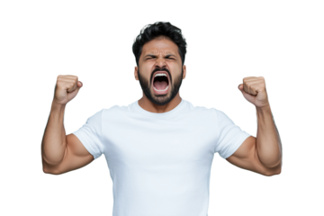 Ausdrucksstarker Mann beim Schreien mit geballten Fäusten PNG mit transparentem Hintergrund

