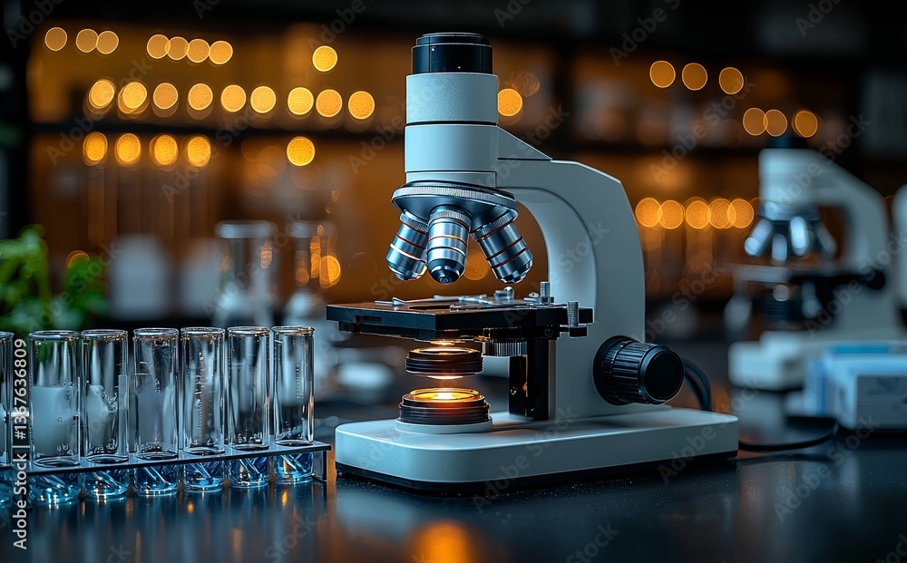 Poster a microscope accompanied by lab glassware represents a science laboratory research and development c