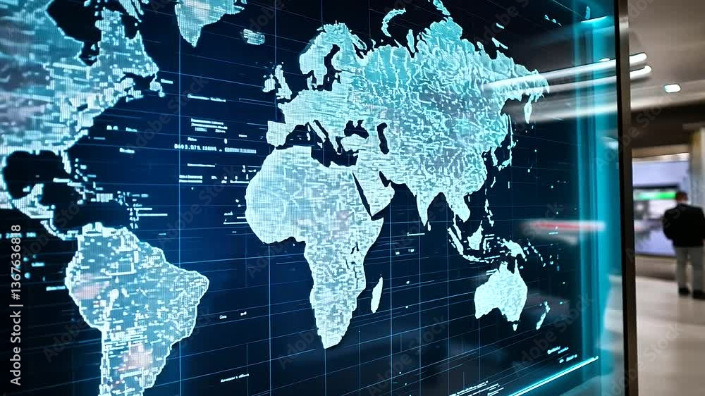 Poster a high-tech control room displaying a giant, interactive world map on a glass screen, with major cit