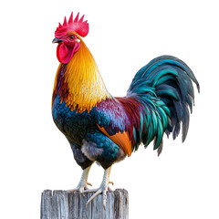 Fototapeta premium Colorful rooster standing proudly on wooden post with vibrant plumage on transparent background