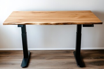 Height-adjustable sit-stand office desk with smooth wooden surface and black metal frame.