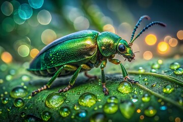 Fototapeta premium Green Metallic Beetle on Dew-Covered Leaf - Macro Urban Exploration Photography