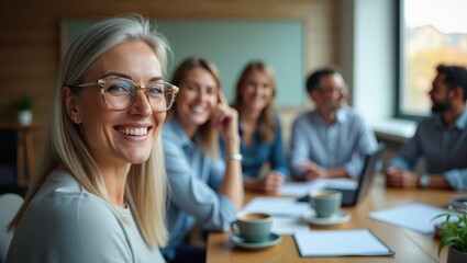 Obraz premium A cheerful group of business professionals sitting at a conference table, smiling and laughing during a relaxed team meeting. A woman with gray hair and glasses in focus, with colleagues in the backgr