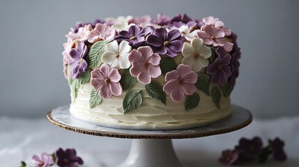A floral-themed cake with piped buttercream flowers and leaves 
