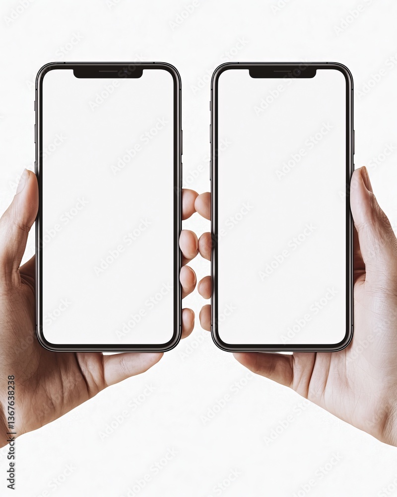 Poster a hand grasps a mobile phone featuring a white blank display screen, serving as a mock-up template w