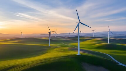 A wind farm at sunrise with large turbines spinning to produce clean, renewable energy, symbolizing the future of sustainable power and eco-friendly green energy production.