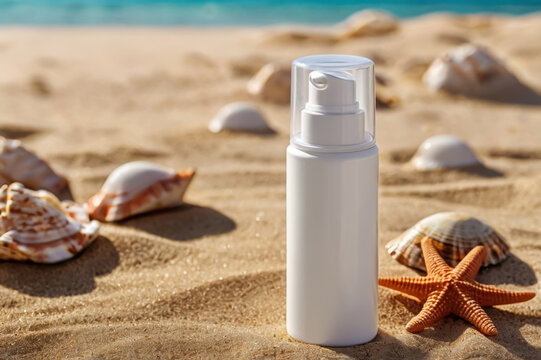summer vibes with white sunscreen bottle surrounded by seashells on sandy beach. Mock up