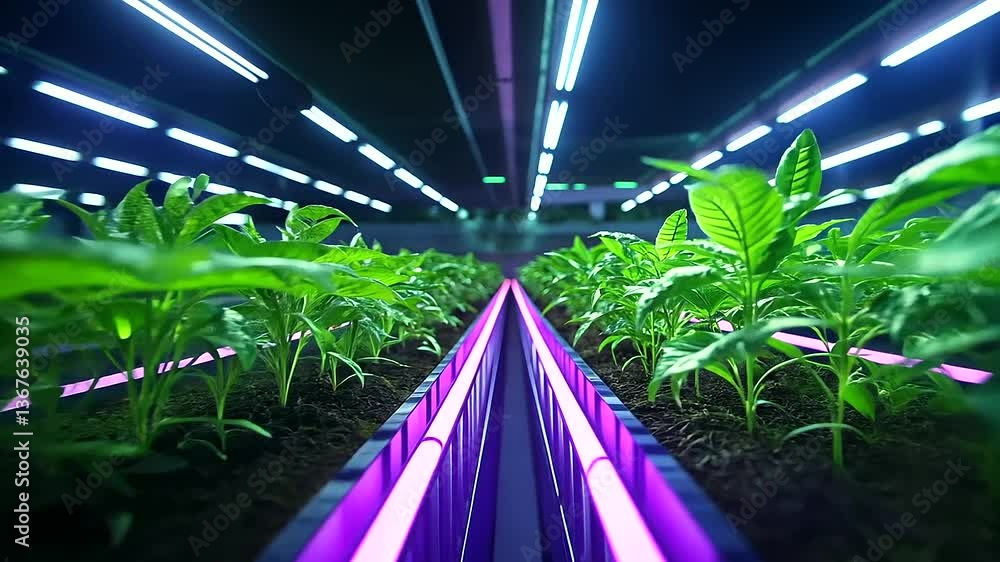 Poster a neon-lit futuristic farm where robotic hands systematically plant bitcoins in perfect rows, the da
