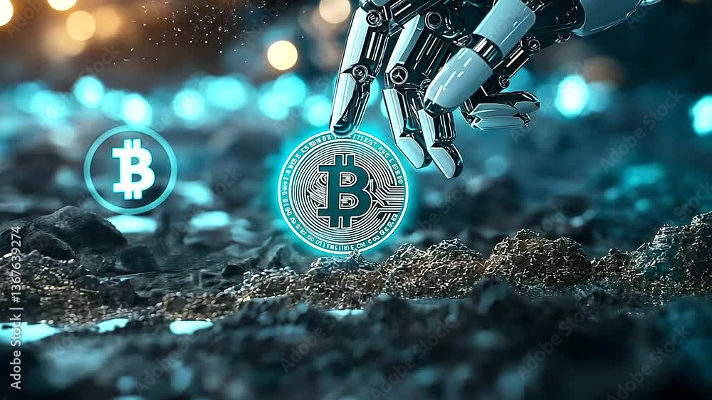 Poster a night-time sci-fi landscape where an ai-driven robotic hand buries a bitcoin in luminescent blue s