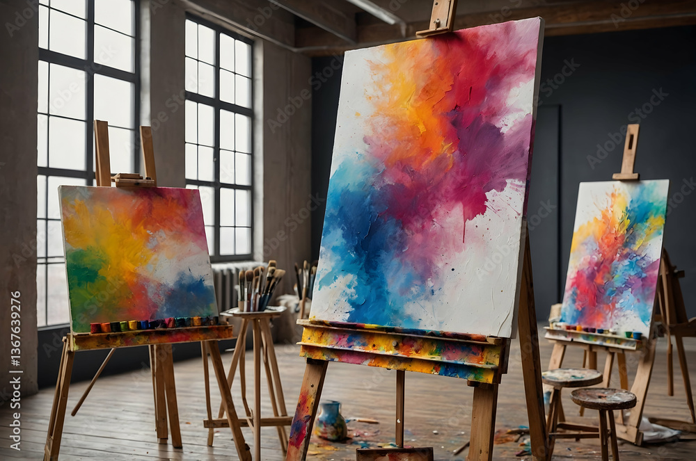 Poster vibrant hues in a creative space, exploring abstract artworks displayed on easels in a modern studio