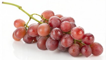 Fototapeta premium Fresh Red Grapes with Water Droplets on White Background. Juicy Red Grape Bunch Isolated on White. Close-up of Fresh Red Grapes with Stem. Ripe and Juicy Red Grapes Macro Photography. 