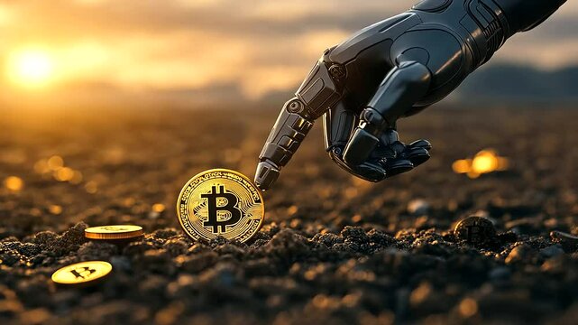 A post-apocalyptic scene where a robotic hand plants a Bitcoin in barren soil, with the faint glow of underground cryptocurrency networks activating.