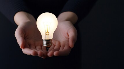 Entrepreneurial mindset opportunity and product development concept. Hands holding a glowing light bulb in a dark setting.