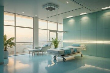 Soothing Healthcare Interior Design with Soft Haze and Tranquil Views