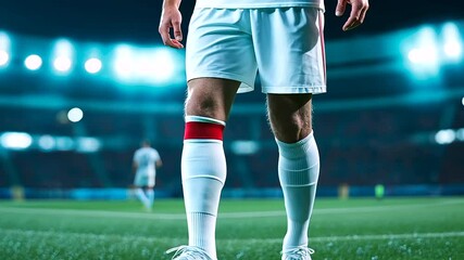 A professional sports therapist in a white coat applying bright red kinesiology tape on a soccer player’s knee, with a blurred stadium in the background.