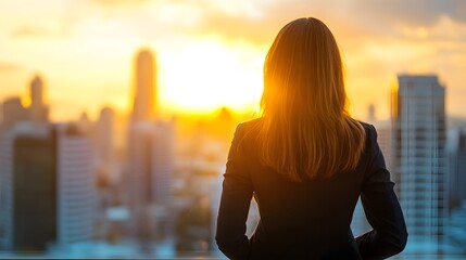 Businesswoman overlooking a city skyline at sunset
