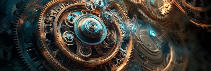 Intricate gears interlock forming time's inner workings.