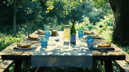 Idyllic Outdoor Picnic Table with White Tablecloth and Refreshments Under Dappled Sunlight
