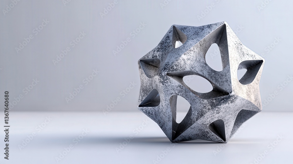 Poster a complex geometric structure resting upon a plain white surface