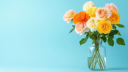 Fototapeta premium Pastel Bouquet of Roses on Blue Background