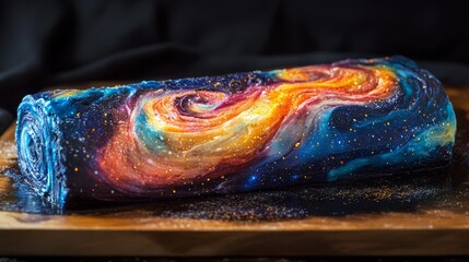 A galaxy roll cake with a dark outer layer and vibrant inner swirls 