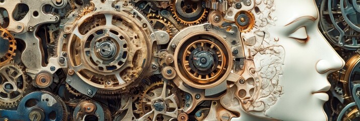 Fototapeta premium Mechanical human head surrounded by gears