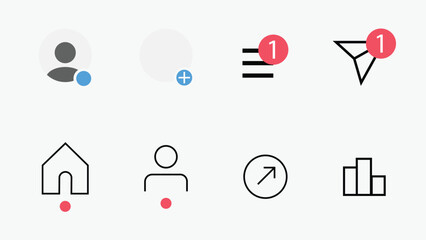  A set of minimal line art icons representing various functions of a social media interface, including profile, new post, list, filter, home, user, share, and analytics.