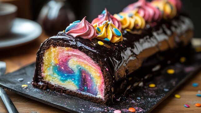 A galaxy roll cake with a dark outer layer and vibrant inner swirls 