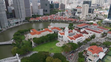 Asian Civilisations Museum at Singapore River and Parliament House in Singapore, Asia. Aerial top down shot. Boat Quay in Singapore. Wide shot.
