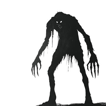eerie shadowy creature with long claws and glowing eyes on transparent background