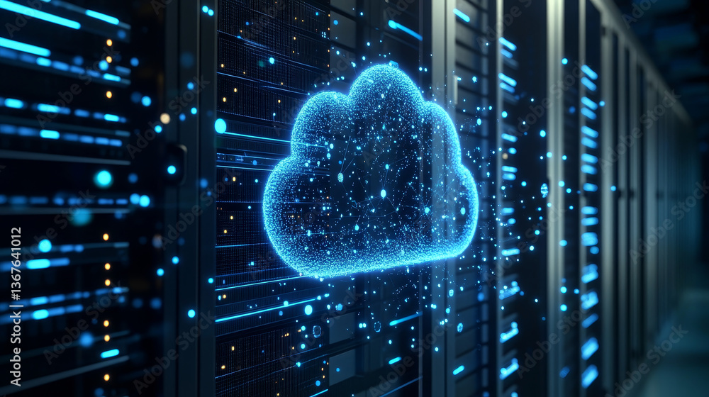 Poster isometric cloud computing concept represented by a server, with a cloud representation hologram conc