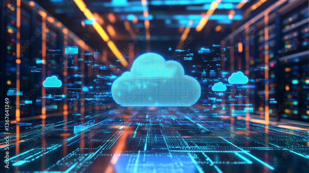 Poster isometric cloud computing concept represented by a server, with a cloud representation hologram conc