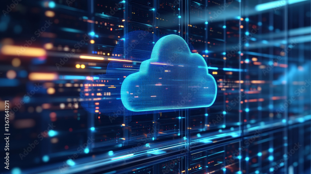Poster isometric cloud computing concept represented by a server, with a cloud representation hologram conc