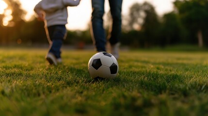 Obraz premium Soccer ball on a grassy field with the sun setting in the background. the ball is black and white and appears to be in the center of the image.