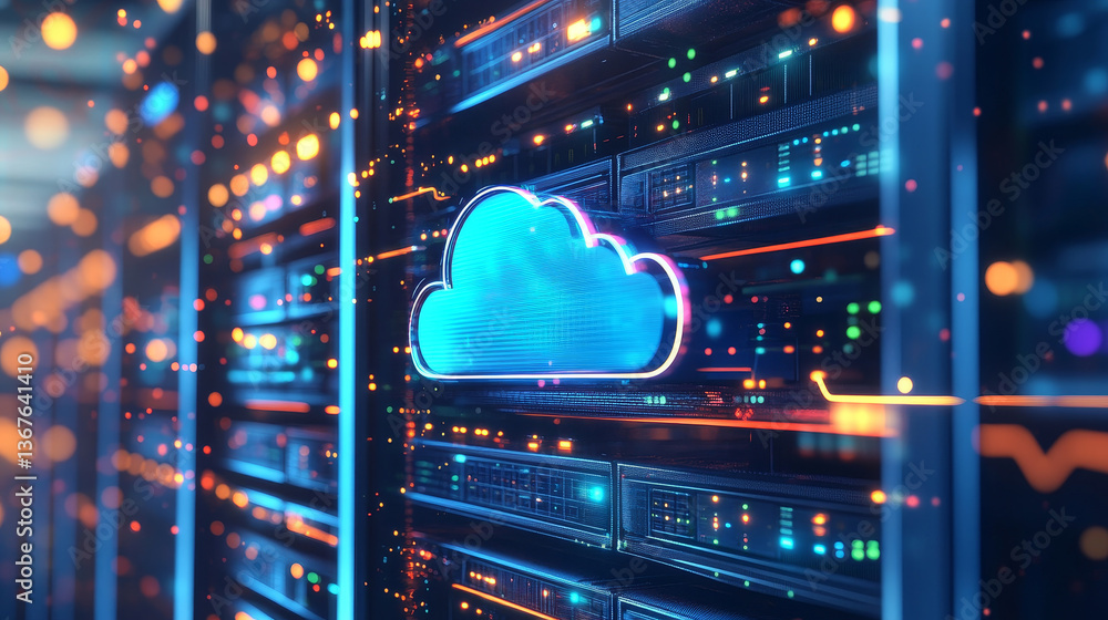 Poster isometric cloud computing concept represented by a server, with a cloud representation hologram conc