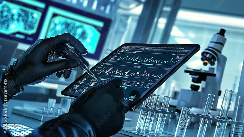 Poster a scientist’s gloved hands holding a futuristic touchscreen tablet displaying genetic sequencing dat