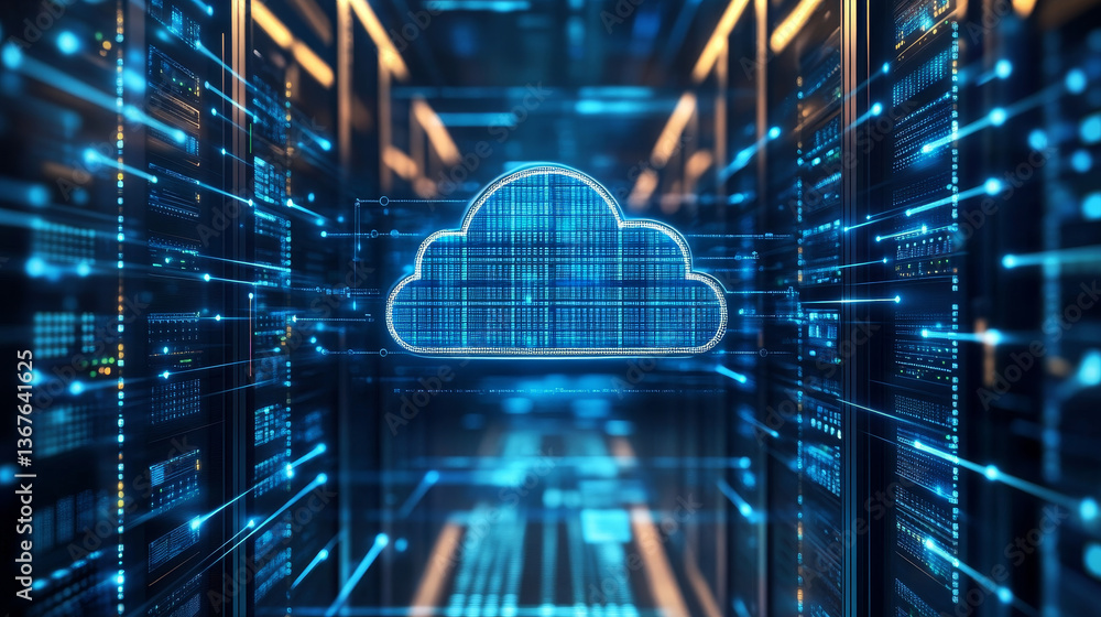 Poster isometric cloud computing concept represented by a server, with a cloud representation hologram conc