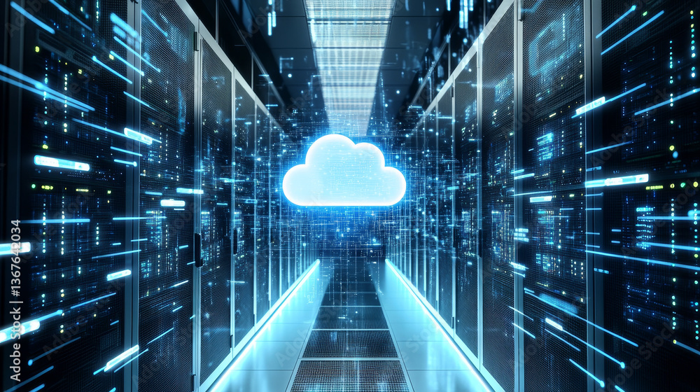 Poster isometric cloud computing concept represented by a server, with a cloud representation hologram conc