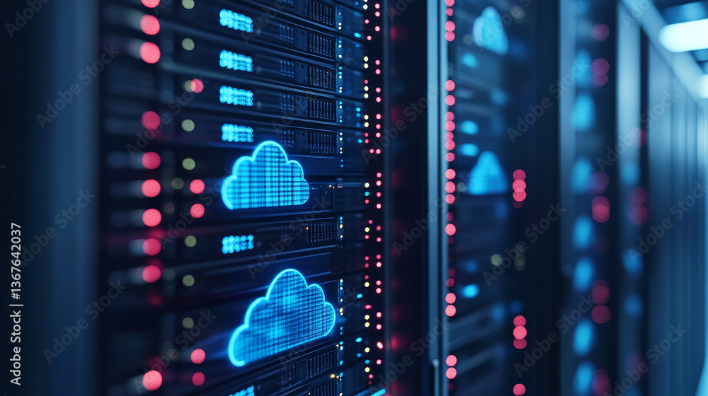 Poster isometric cloud computing concept represented by a server, with a cloud representation hologram conc