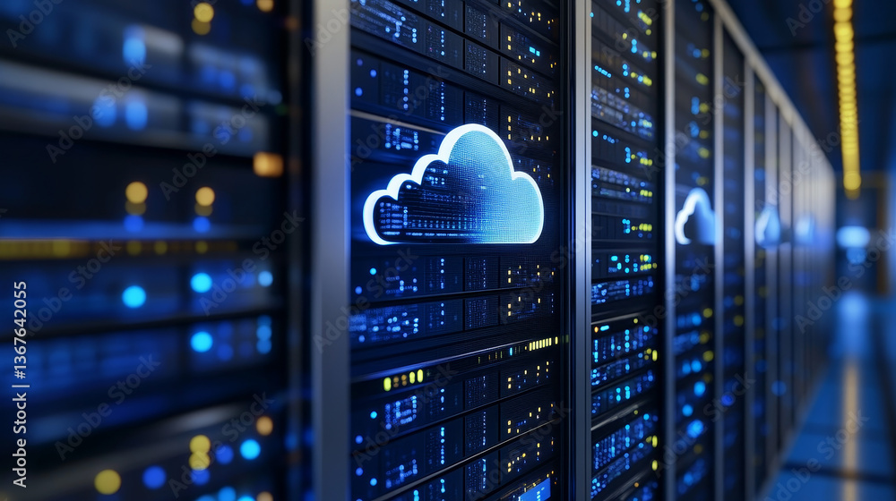 Poster isometric cloud computing concept represented by a server, with a cloud representation hologram conc