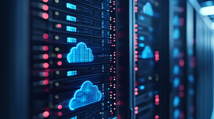 Isometric cloud computing concept represented by a server, with a cloud representation hologram concept. Data center cloud, computer connection, hosting server, database synchronize technology