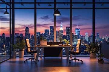 Nighttime Office Ambiance with Soft Lighting and Dynamic City Skyline for Business Presentation Background